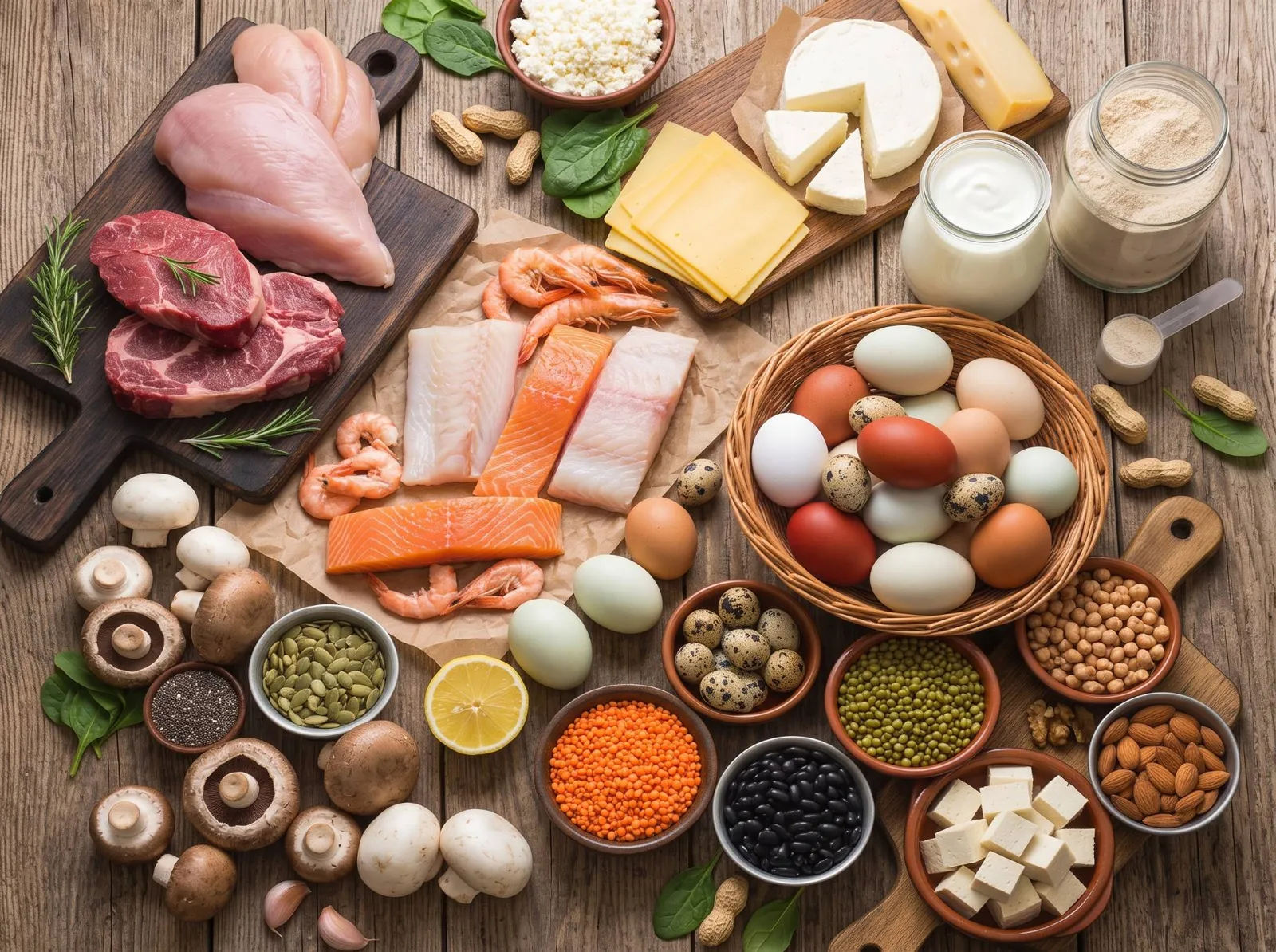 Alimentos ricos em proteína: carnes, peixes, ovos, queijos, leguminosas e castanhas