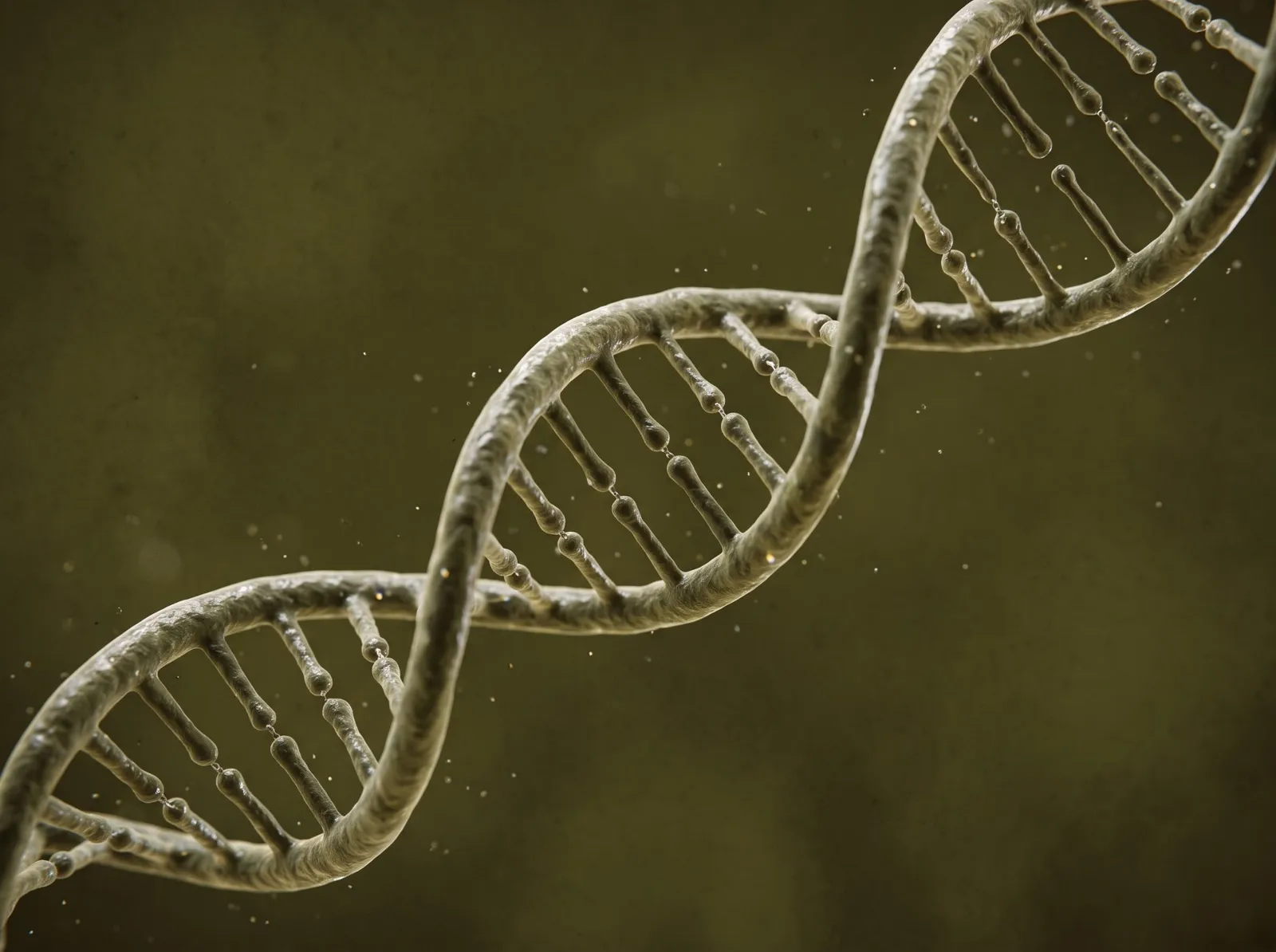 Ilustração de uma dupla hélice de DNA sobre fundo verde-oliva