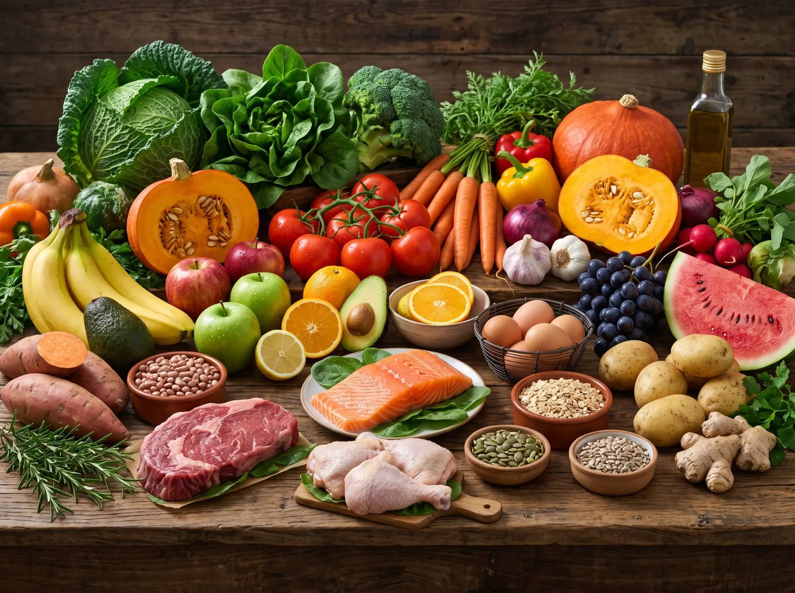 Mesa de madeira com verduras, frutas, legumes, carnes, peixe, ovos e grãos