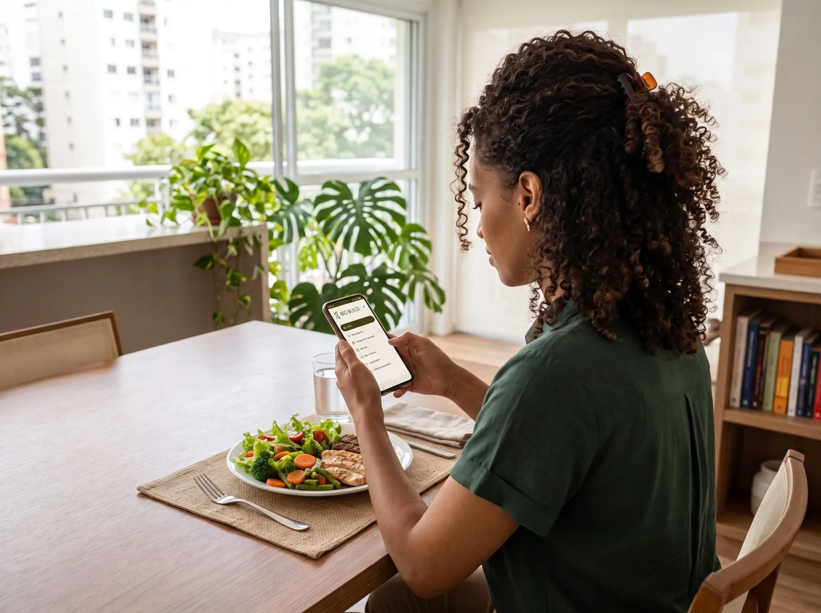 Pessoa à mesa consultando o aplicativo Bio Build no celular, ao lado de um prato com salada, legumes e frango